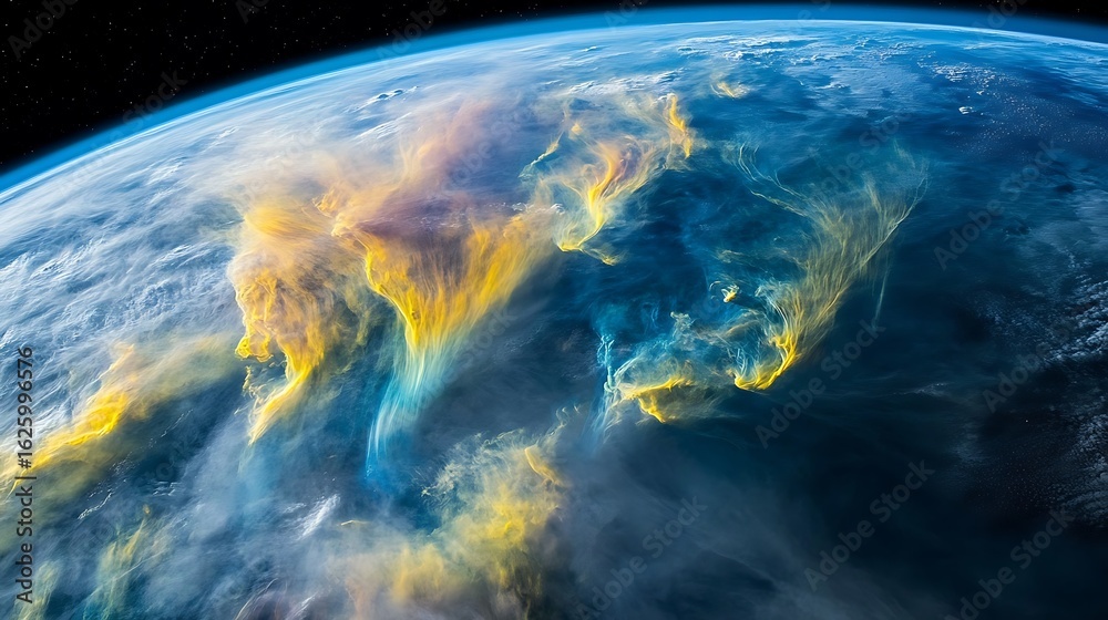 Wall mural view of earth from space with colorful atmospheric phenomena and visible stars in the background