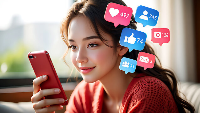 Young woman with red phone surrounded by social media notifications likes