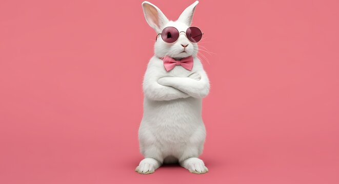 A white rabbit wearing sunglasses and a pink bow tie standing with arms crossed on a pink background