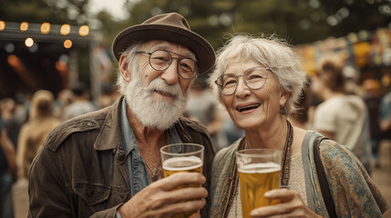 Joyful elderly couple enjoying beer at festival, their eyes reflecting happiness and excitement of day, savoring every moment together