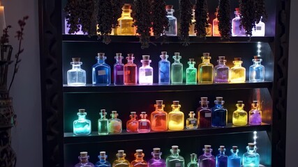 Enchanting Potion Bottles Under Lit Shelves - Powered by Adobe