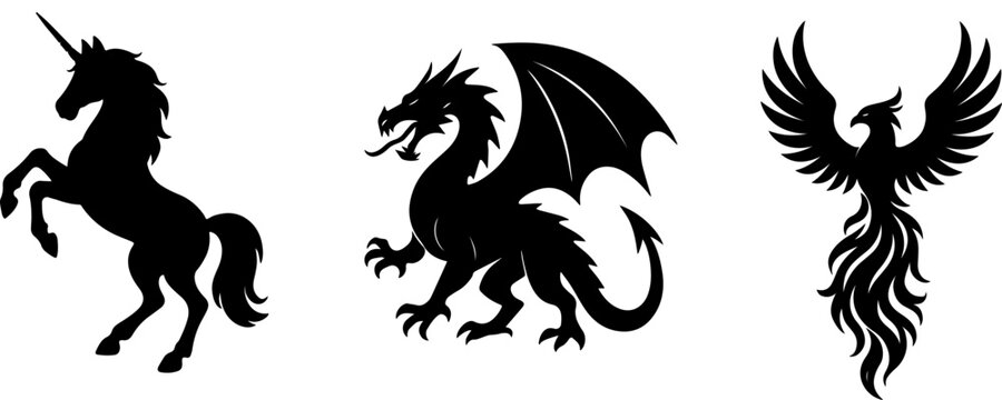 Mythical creatures unicorn dragon phoenix trio silhouette against white background