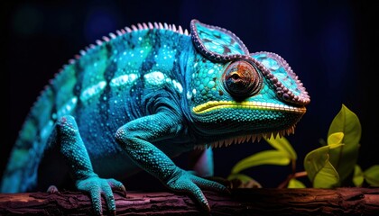 Obraz premium Vibrant Blue Chameleon on Branch with Exotic Wildlife Portrait.