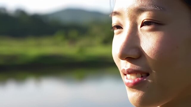 Close-up of an Asian woman's face smiling, with blurred green landscape background