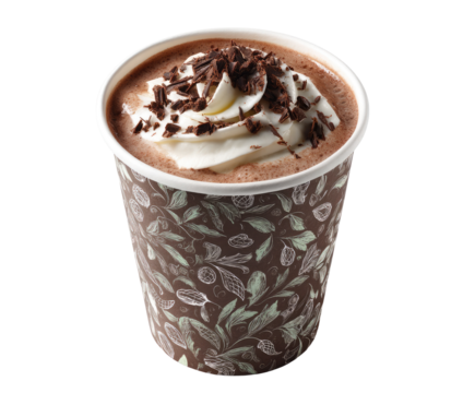 A paper cup of hot chocolate, topped with whipped cream and chocolate shavings (1)