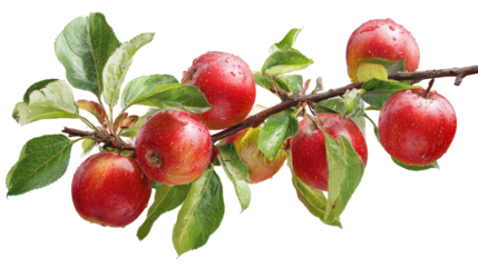 Close-up of apple tree branch with fresh apples top view isolated on a Transparent background, PNG file.
