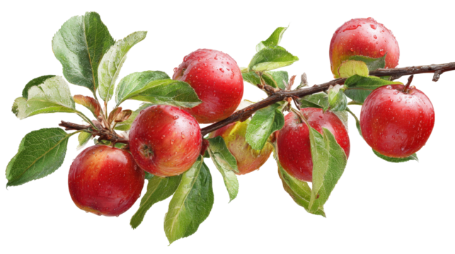 Close-up of apple tree branch with fresh apples top view isolated on a Transparent background, PNG file.