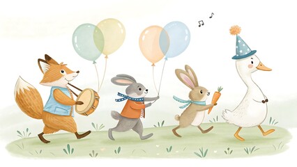 Fototapeta premium Fox rabbits and duck parade with balloons image