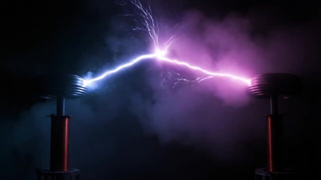 Electric Arc: Dynamic Lightning Discharge Between Tesla Coils in Dark Environment.