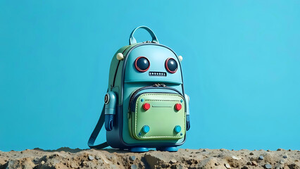 a cute and colorful robot-themed children's backpack in a minimalist studio setting.