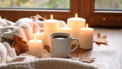 Cozy autumn scene with candles and coffee