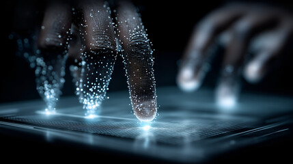 hands interacting with digital interface, touching screen with glowing effects. This image shows how technology can be at your fingertips