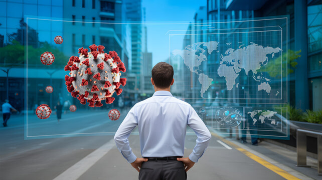 Man analyzes virus data, world map, monitors pandemic spread in futuristic city