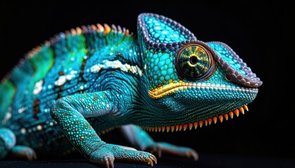 Vivid Chameleon Portrait with Detailed Scales on Black Background.