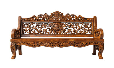 Intricately carved wooden bench with ornate floral designs and elegant details. isolated on white background and transparent background