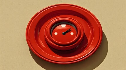 Red wall clock with concentric circles.
