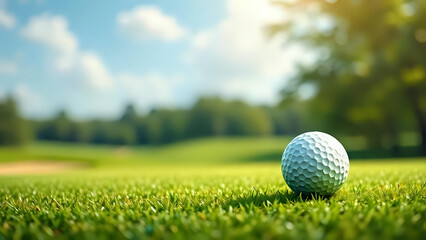 a close-up of a golf ball on the lush green grass of a fairway, with a blurred golf course and sunny sky in the background