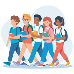 Fototapeta premium Multicultural Students Walking to School with Books – Back to School Vector Illustration