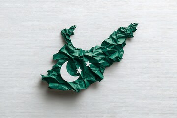 Crinkled green paper map of Pakistan featuring crescent moon and star, symbolizing national pride and identity on textured white background