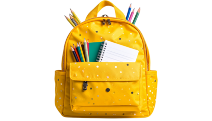 school backpack school bag stuffed with notebooks pencils school stationary isolated on transparent background png school editing elements