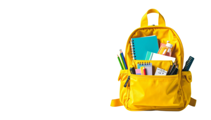 school backpack school bag stuffed with notebooks pencils school stationary isolated on transparent background png school editing elements