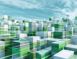 Abstract cityscape of translucent, cubic structures in shades of white and green, with motion blur effect