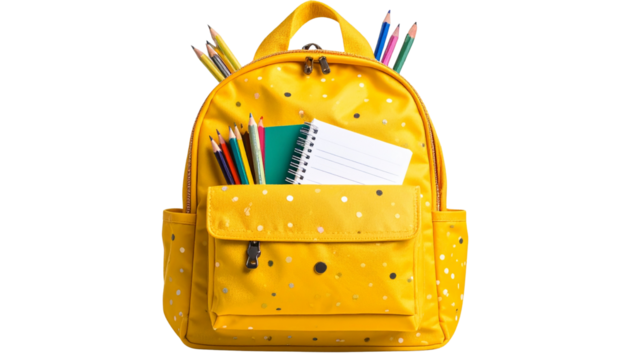 school backpack school bag stuffed with notebooks pencils school stationary isolated on transparent background png school editing elements