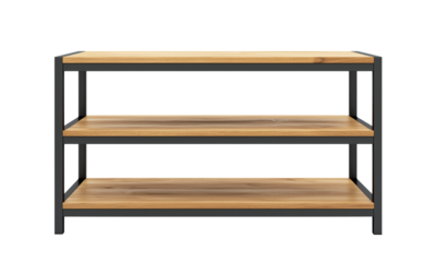 Wooden shelf with three tiers and a modern metal frame. isolated on white background and transparent background