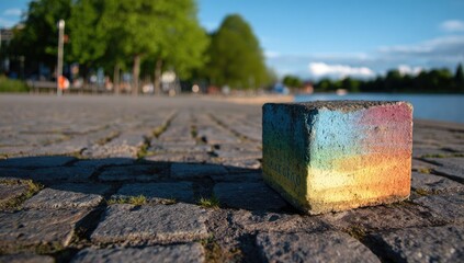 Colorful cube on cobblestone path near a lake