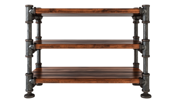 A decorative wooden shelf with metal accents and three spacious tiers for storage or display. isolated on white background and transparent background