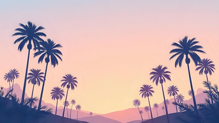 A scenic tropical landscape with silhouettes of palm trees on rolling hills against a colorful gradient sunset sky.