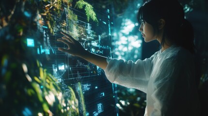 Woman interacts with a futuristic holographic interface displaying plant data in a lush green environment.