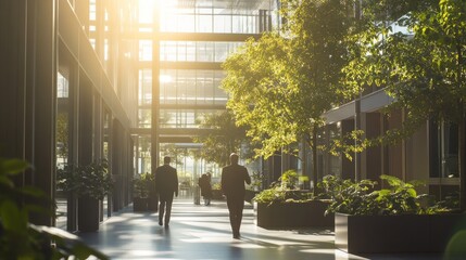 Sunlit modern office atrium with people walking amidst greenery.