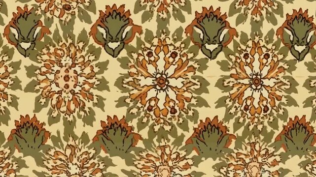Hypnotic Animated Damask Pattern with Stylized Floral and Abstract Creature Motifs