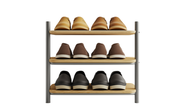 Shoe rack displaying various styles of shoes arranged on three tiers. isolated on white background and transparent background
