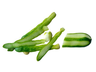 Close up of sliced green cucumbers isolated on a transparant background The image showcases fresh cucumber pieces with vivid green color and natural texture, perfect for food, health