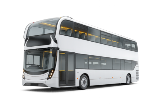 A sleek modern double-decker bus showcasing innovative design and spacious interior, perfect for public transport imagery.