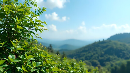 a beautiful summer nature scene with fresh green leaves in the foreground and a blurred mountain landscape in the background.