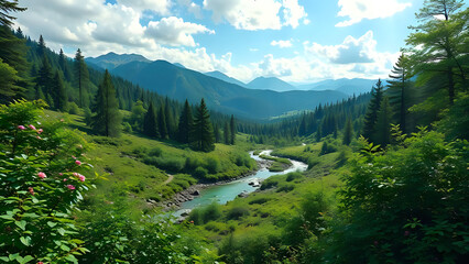 A picturesque mountain valley in summer with a winding river, lush green meadows, and a vibrant blue sky.