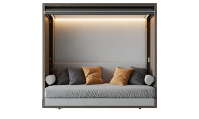 Modern minimalist sofa murphy bed design contemporary living room furniture showcase cozy atmosphere elevated perspective innovative space-saving concept