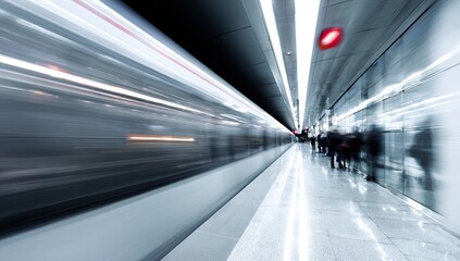 Blurry subway train moving through station
