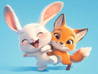 Cute White Rabbit & Orange Fox Playing &ndash; Cartoon Style, Bright Colors & High-Definition Details for Design