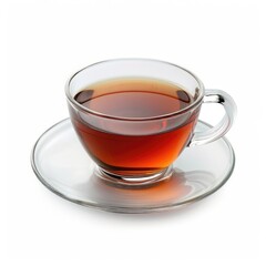 Clear glass teacup and saucer filled with amber-colored tea