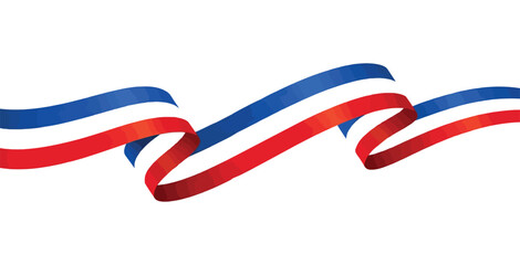 Vector ribbon illustration in blue, white, and red horizontal stripes, wavy design isolated on white background for patriotic concepts