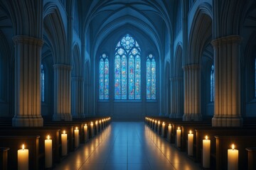 Interior of gothic cathedral with stained glass windows and candlelit aisle, atmospheric lighting enhancing sacred architectural concept. Ai generative