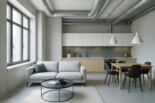 Minimalist industrial loft interior with soft natural light, modern furniture and exposed ventilation pipes in open kitchen-living space. Ai generative