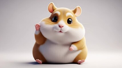A cute and chubby 3D cartoon hamster character waving hello on a white background