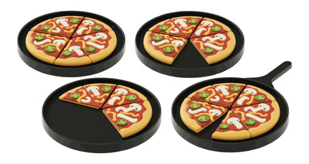 Vector illustration of four pizzas showing portion stages from whole to partially eaten with cheese, mushrooms, and peppers on black trays