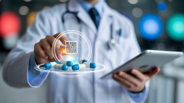 Doctor presenting healthcare technology, medication, and QR code for prescriptions