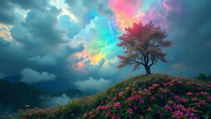 An enchanting fantasy landscape with a lone tree on a hill of flowers, under a dramatic sky with rainbow clouds.
